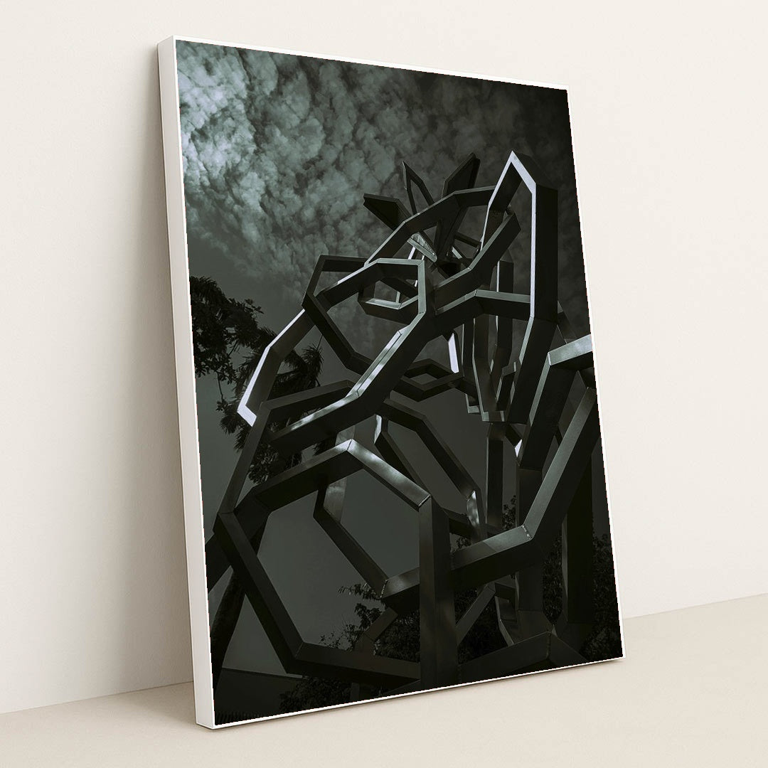 Urban Futuristic Metal Sculpture by Moon Bouy - White Frame Stretchiez