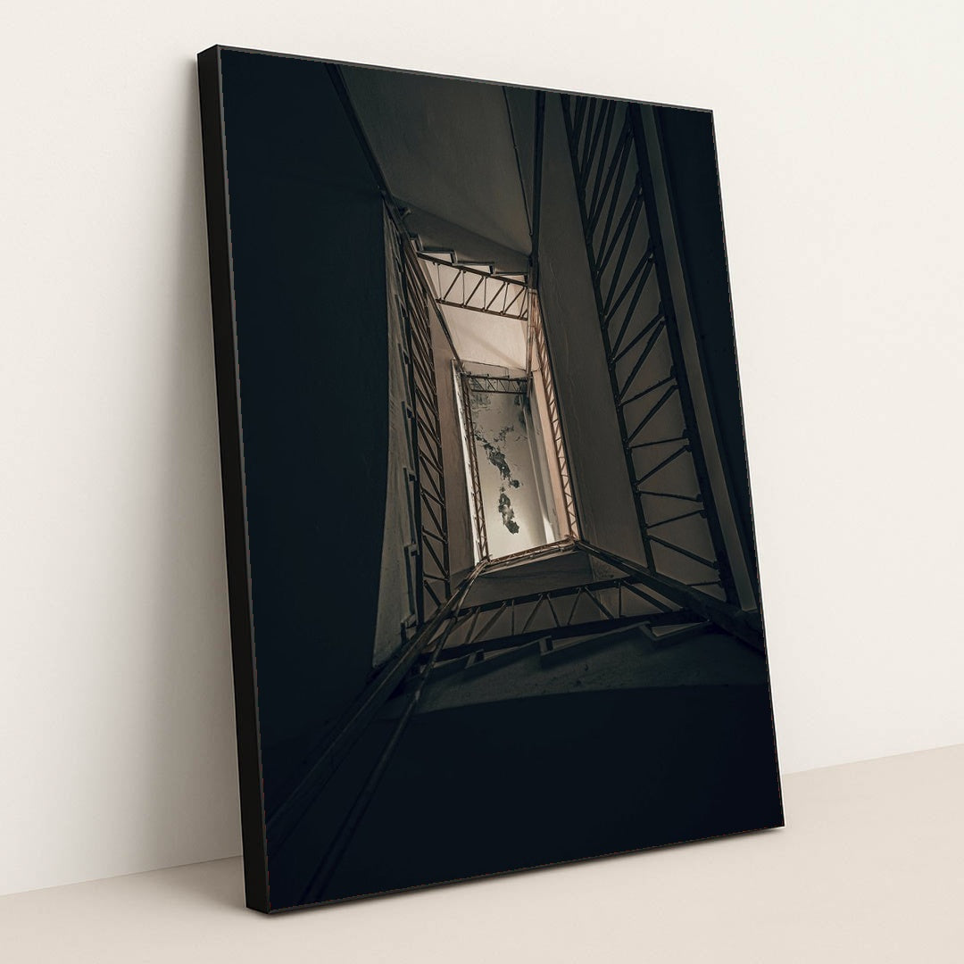 Deteriorating Staircase Perspective by Atahan Demir - Black Frame Stretchiez