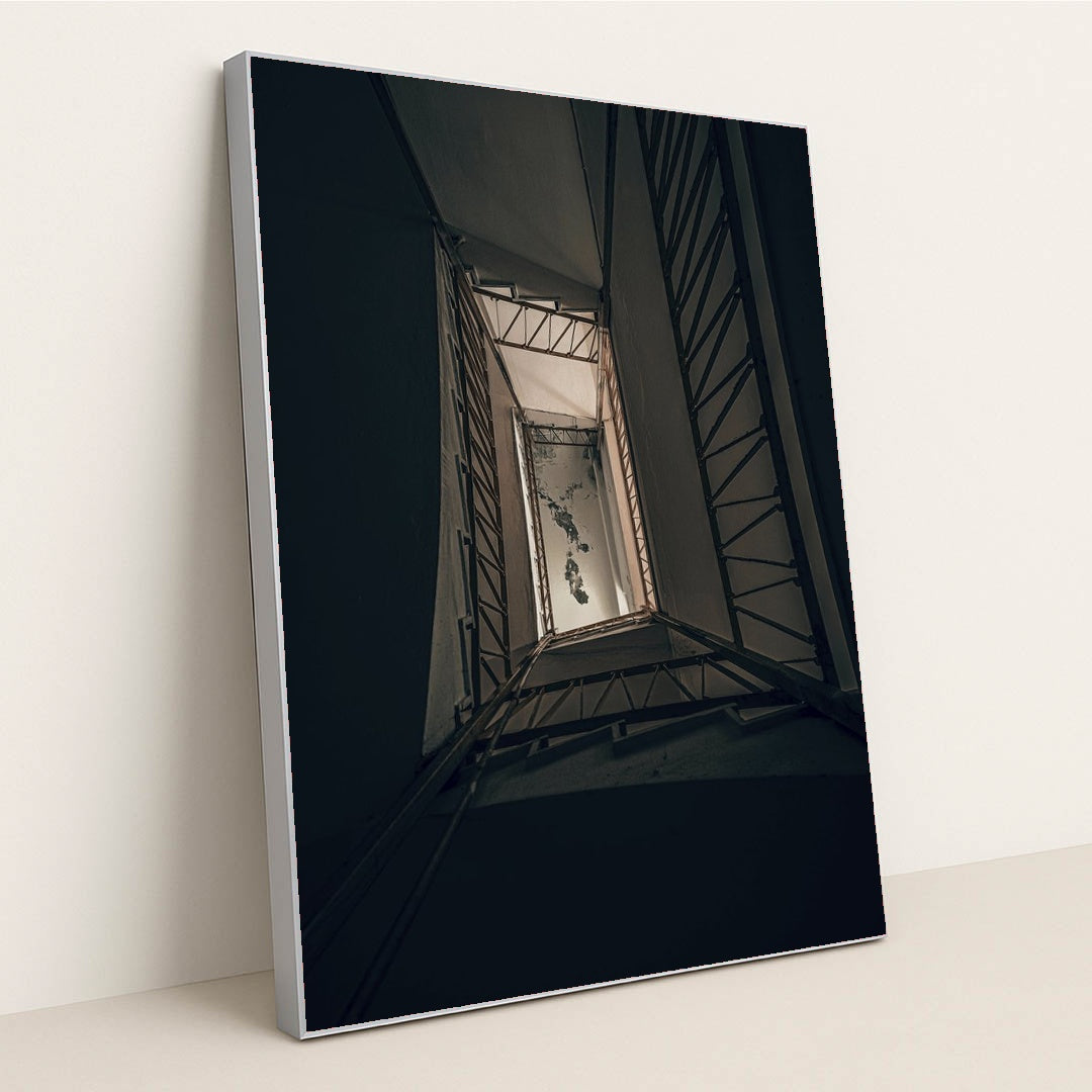 Deteriorating Staircase Perspective by Atahan Demir - Silver Frame Stretchiez