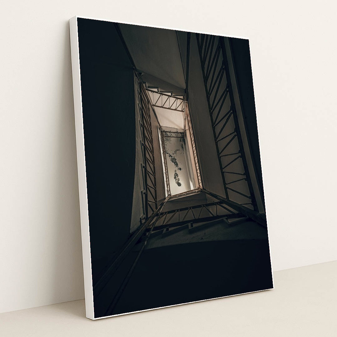 Deteriorating Staircase Perspective by Atahan Demir - White Frame Stretchiez