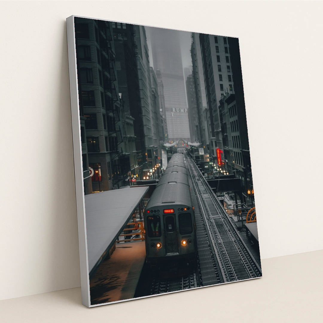 Foggy Urban Train Journey by Praneeth Koduru - Silver Frame Stretchiez
