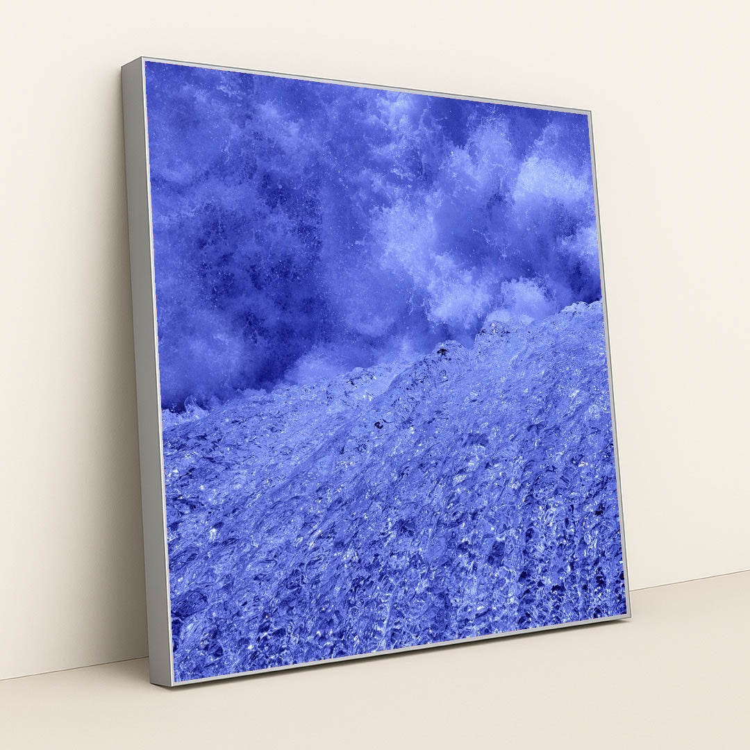 Frozen Waterfall in Vibrant Blue Ice by Damir Mijailovic - Silver Frame Stretchiez