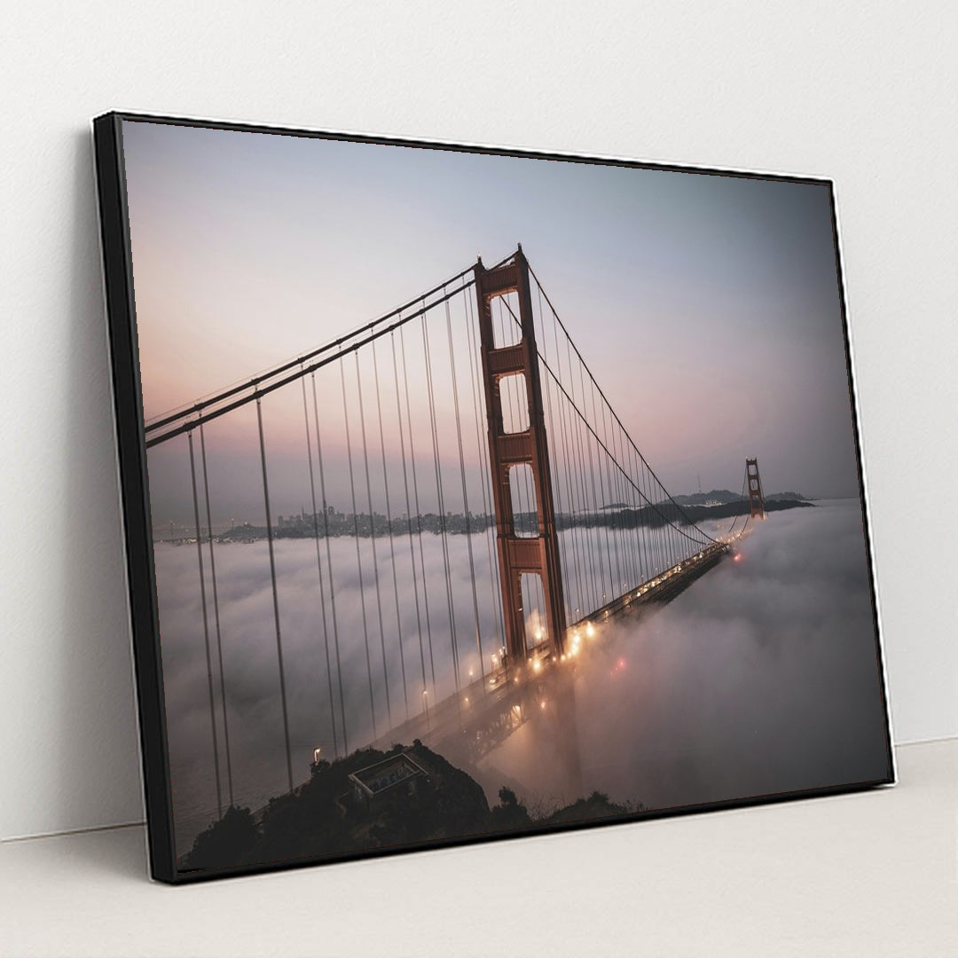 Golden Gate Bridge in Morning Fog by Stephen Leonardi - Black Frame Stretchiez