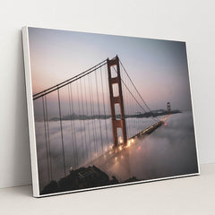 Golden Gate Bridge in Morning Fog by Stephen Leonardi - White Frame Stretchiez