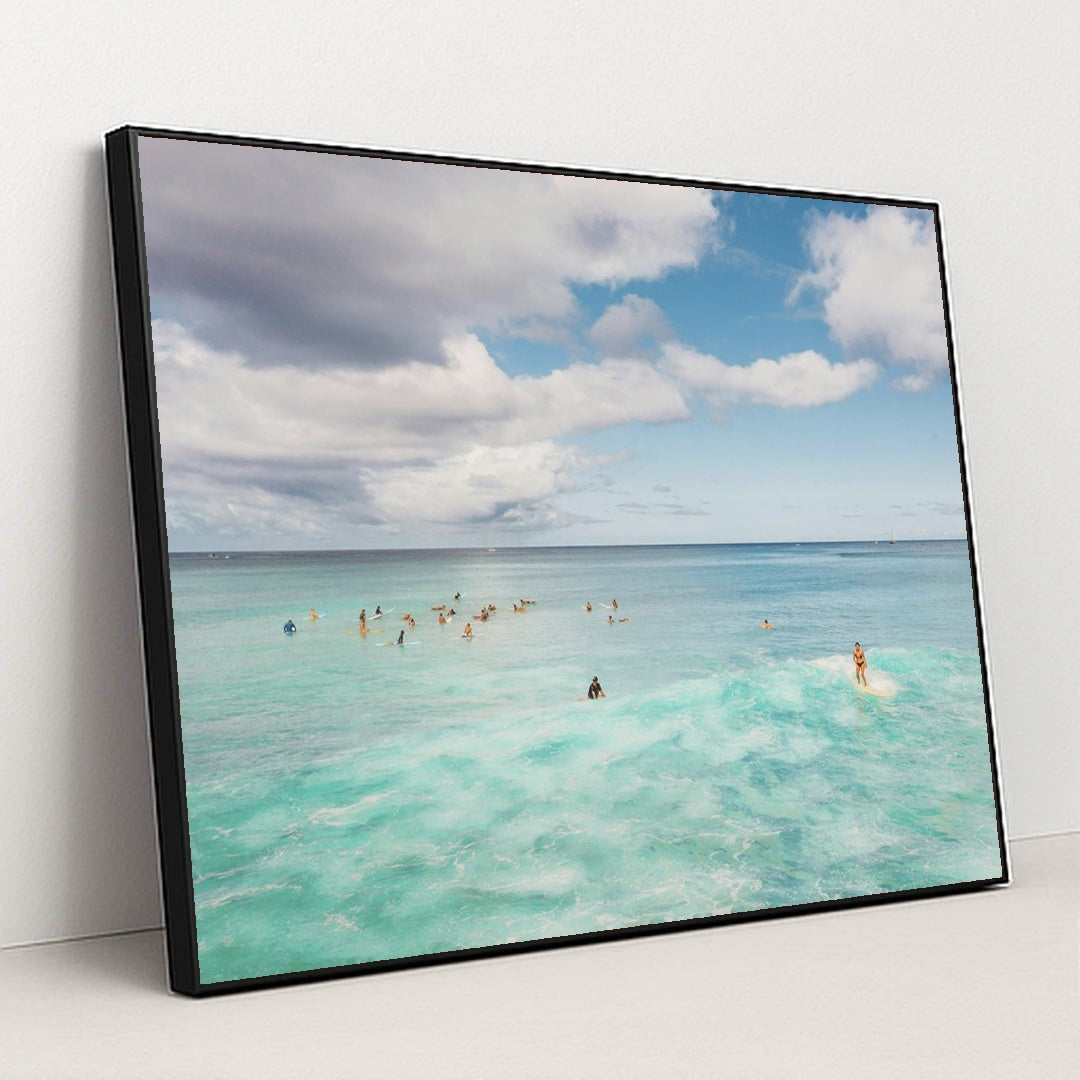 Hawaiian Surfers Embrace Adventure by Jess Loiterton - Black Frame Stretchiez