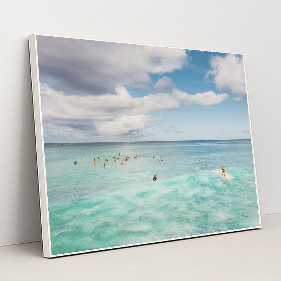 Hawaiian Surfers Embrace Adventure by Jess Loiterton - White Frame Stretchiez