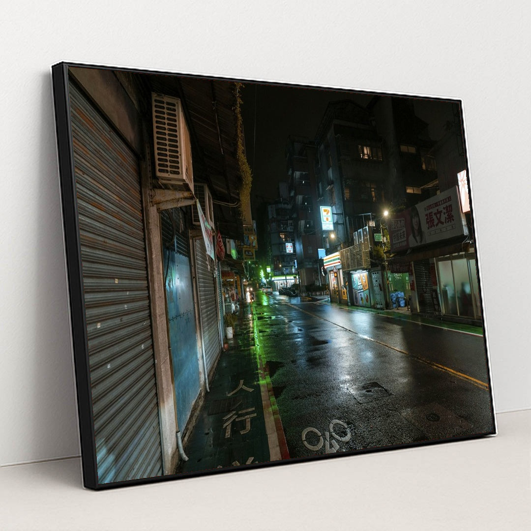 Neon Nights in the Urban Landscape by Jimmy Liao - Black Frame Stretchiez