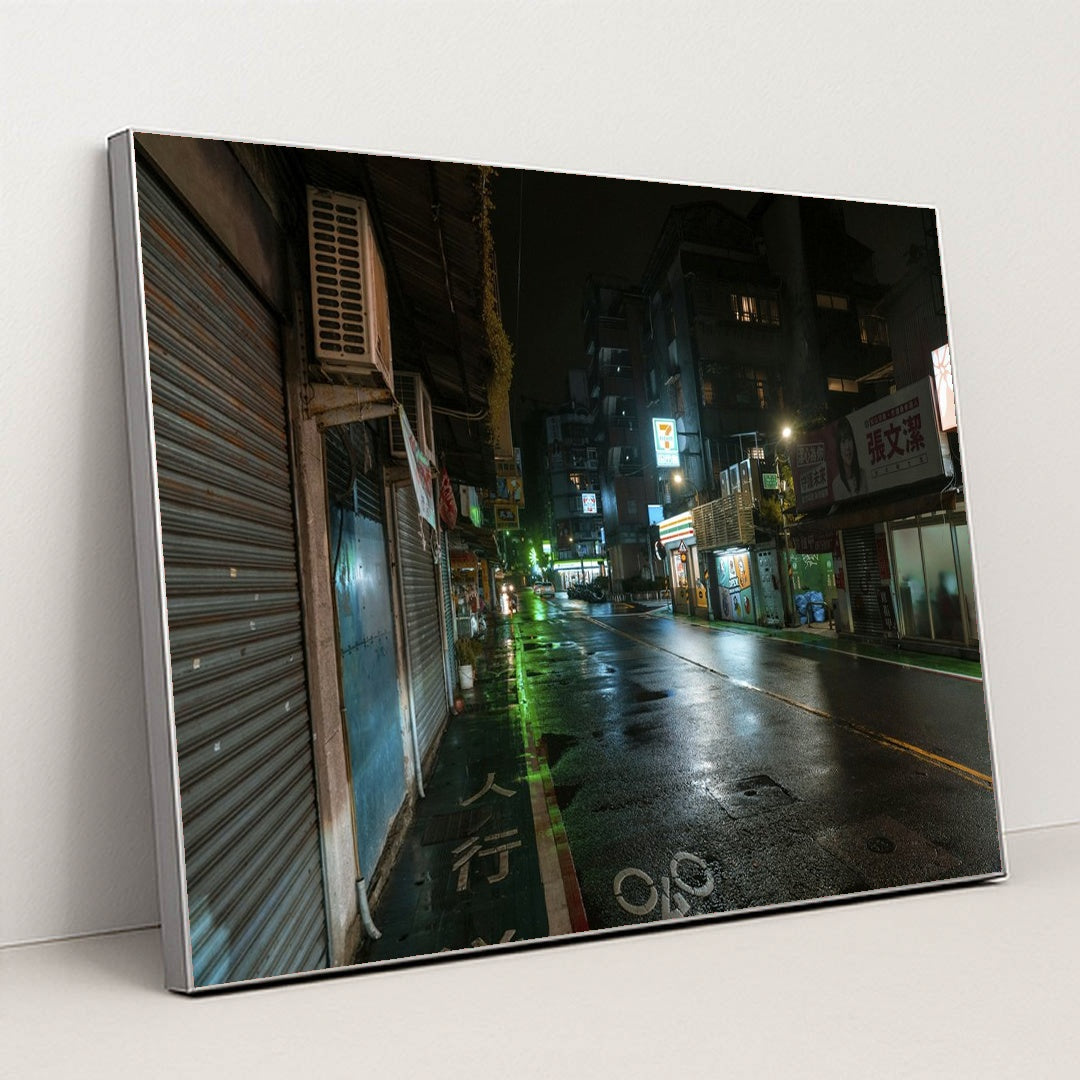 Neon Nights in the Urban Landscape by Jimmy Liao - Silver Frame Stretchiez