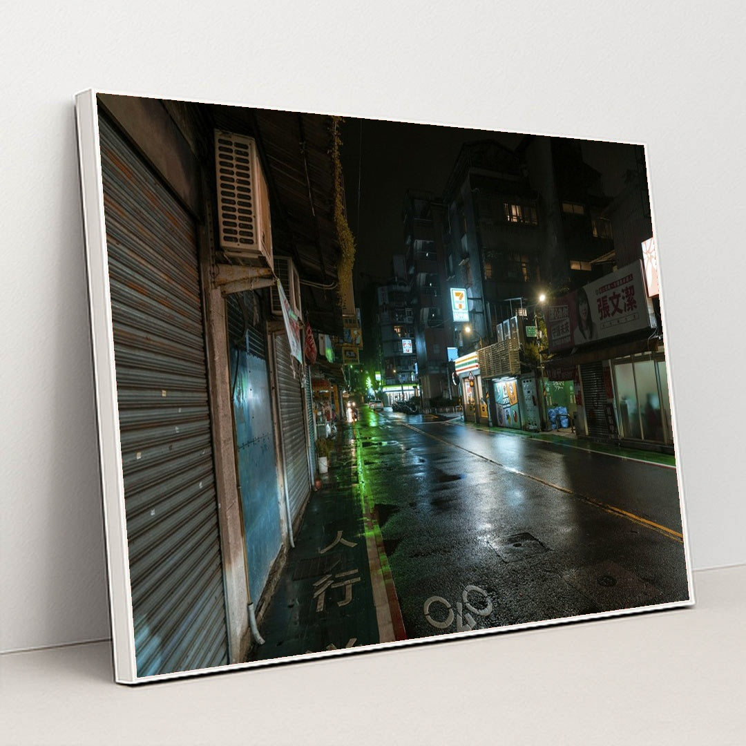 Neon Nights in the Urban Landscape by Jimmy Liao - White Frame Stretchiez