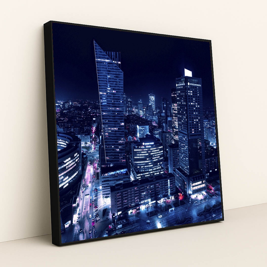 Dazzling Night Skyline of Warsaw by Adam Borkowski - Black Frame Stretchiez