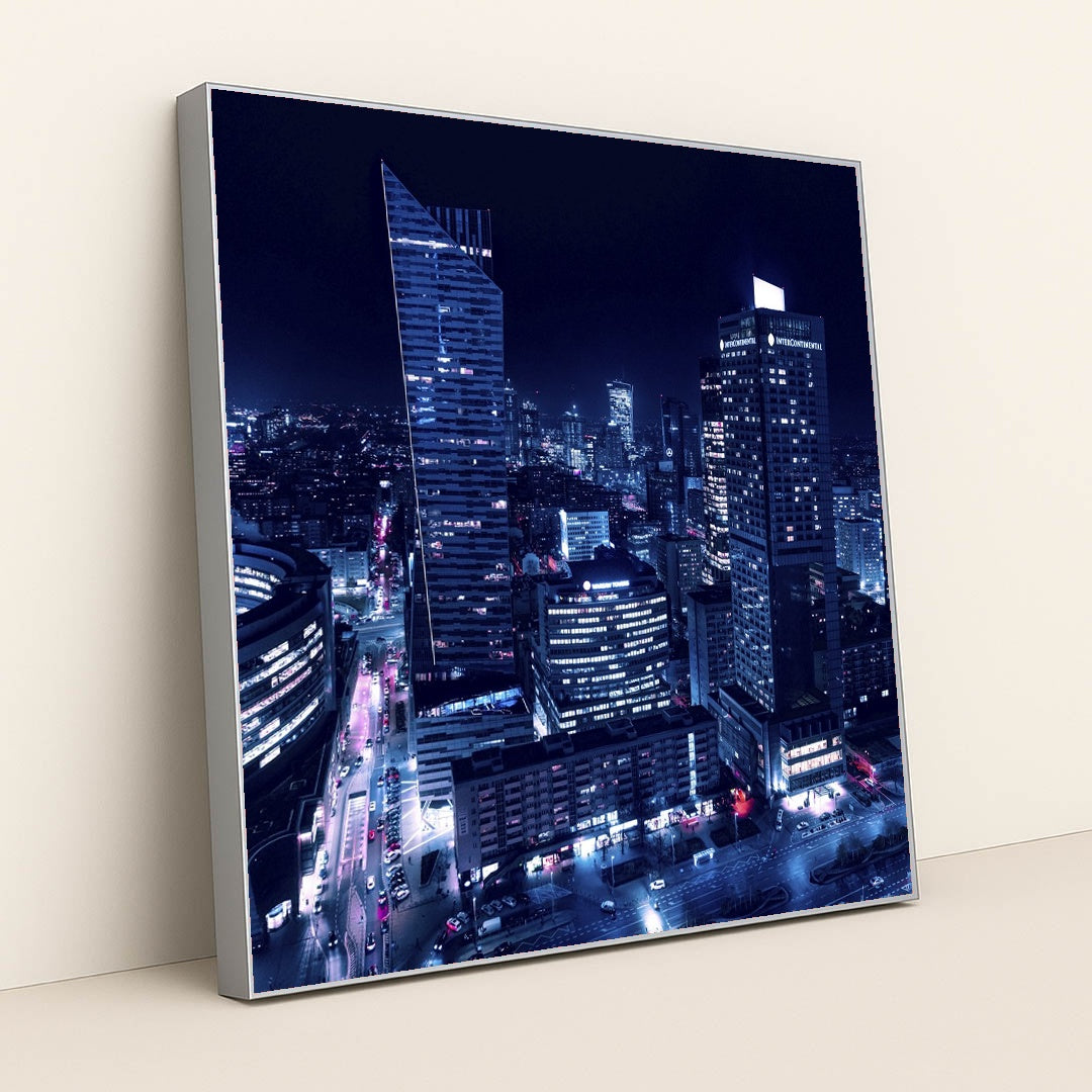 Dazzling Night Skyline of Warsaw by Adam Borkowski - Silver Frame Stretchiez