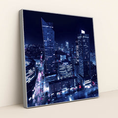 Dazzling Night Skyline of Warsaw by Adam Borkowski - Silver Frame Stretchiez
