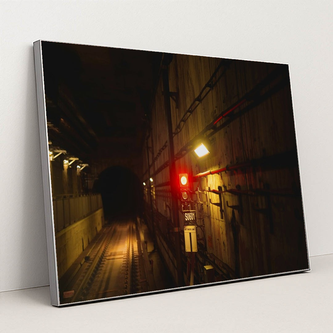 Subway Shadows: Red Signal Light by YIYANG LIU - Silver Frame Stretchiez