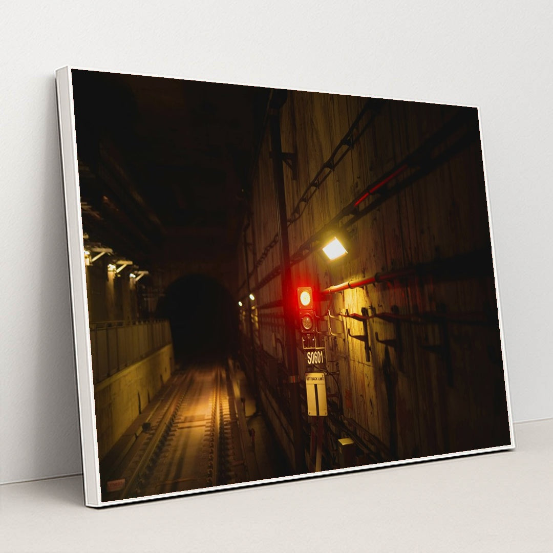 Subway Shadows: Red Signal Light by YIYANG LIU - White Frame Stretchiez
