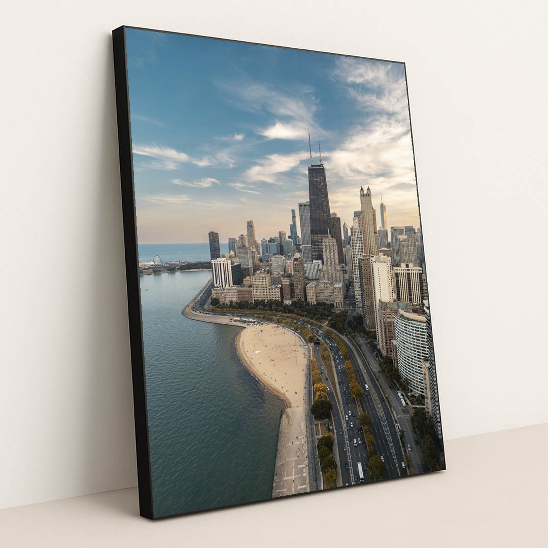 Chicago Skyline Aerial View by Willian Justen de Vasconcellos - Black Frame Stretchiez
