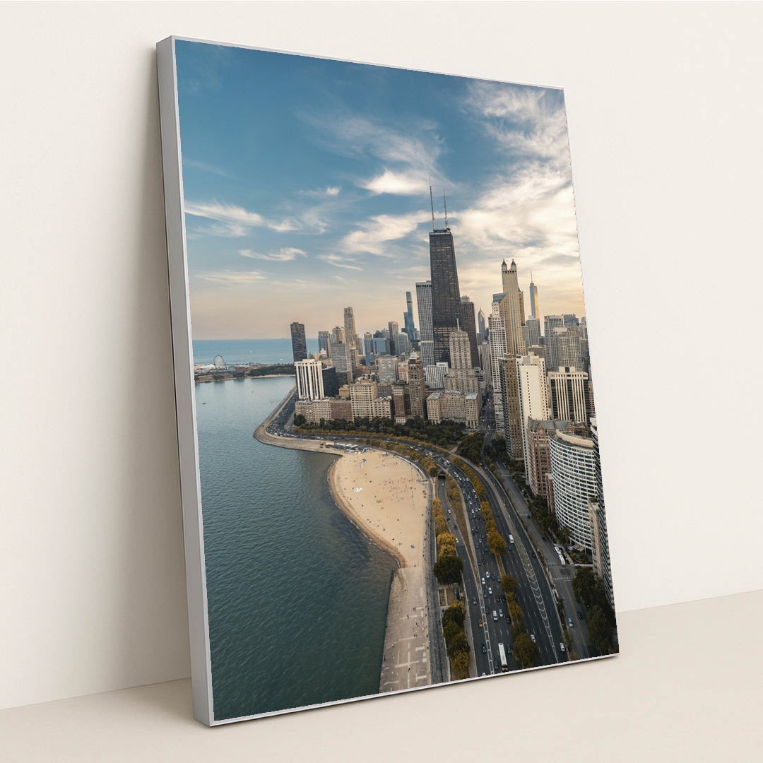Chicago Skyline Aerial View by Willian Justen de Vasconcellos - Silver Frame Stretchiez