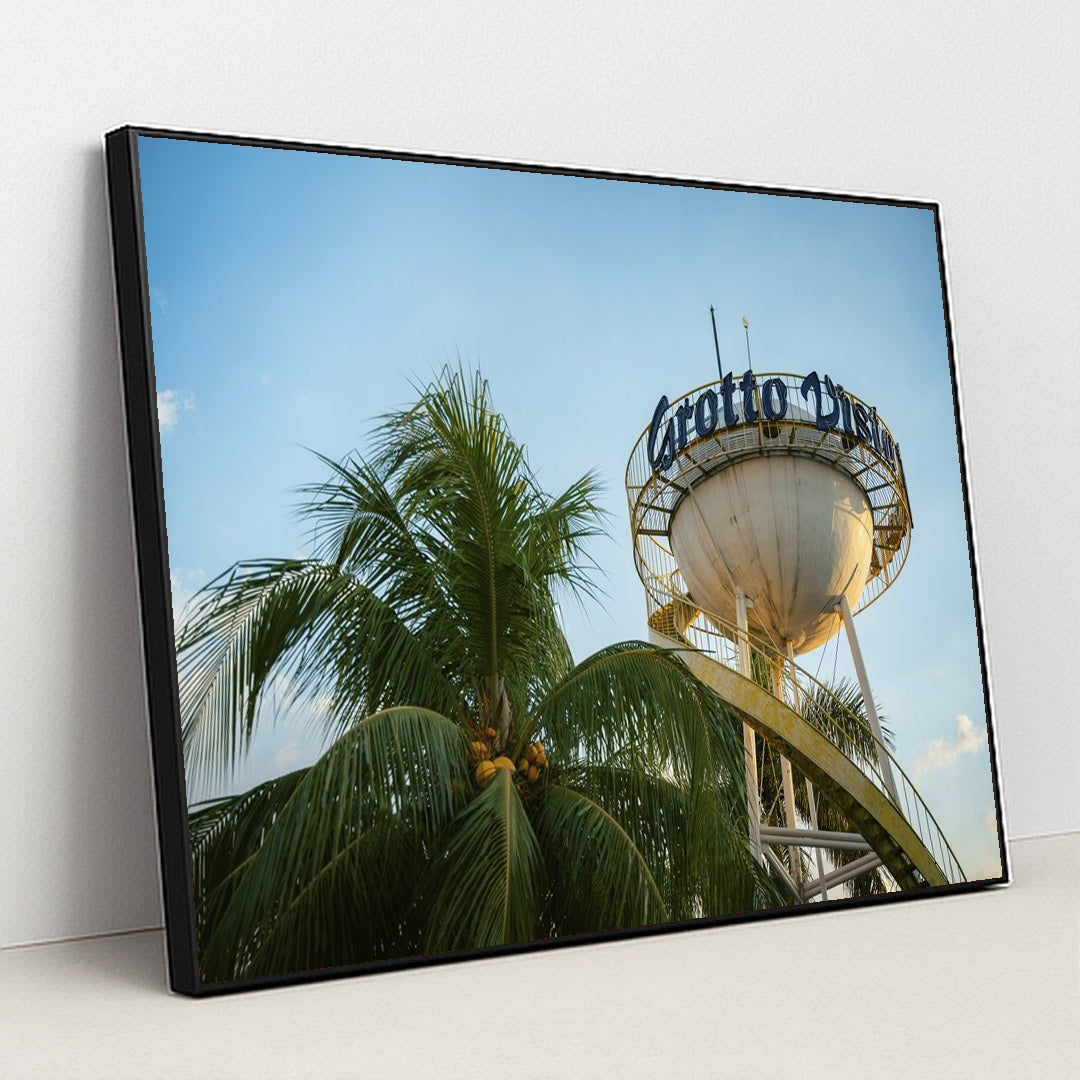 Grotto Vista Water Tower at Dusk by Kenneth Surillo - Black Frame Stretchiez