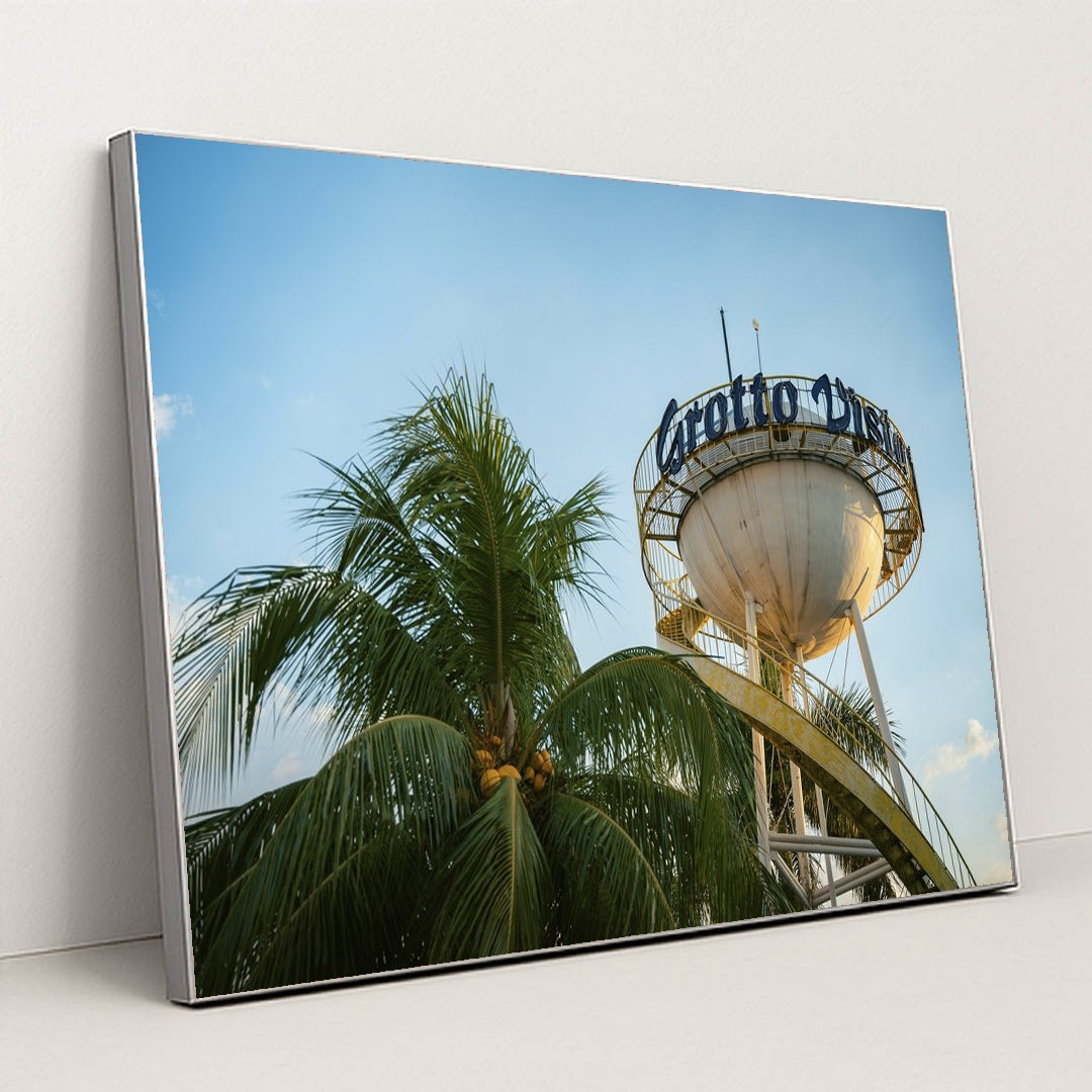 Grotto Vista Water Tower at Dusk by Kenneth Surillo - Silver Frame Stretchiez