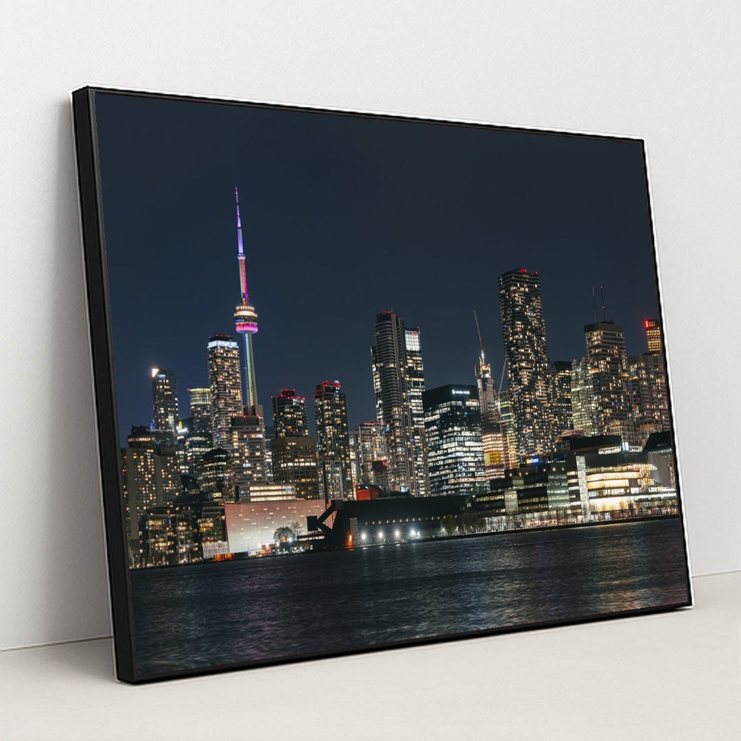 Illuminated Toronto Skyline at Night by Mike Norris - Black Frame Stretchiez