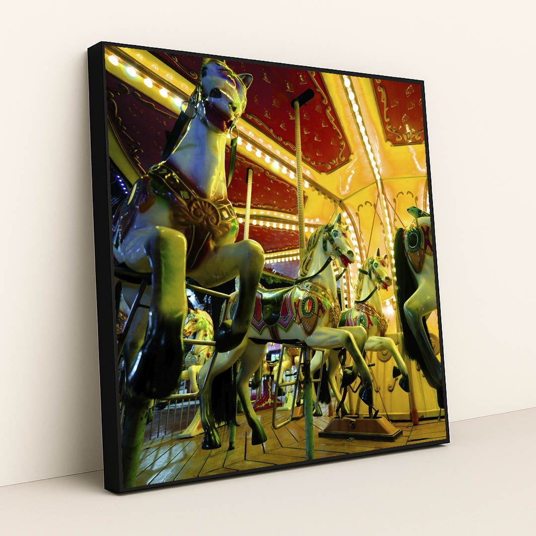 Nostalgic Carousel Horses at Night by Engin Akyurt - Black Frame Stretchiez