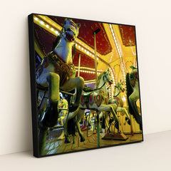 Nostalgic Carousel Horses at Night by Engin Akyurt - Black Frame Stretchiez