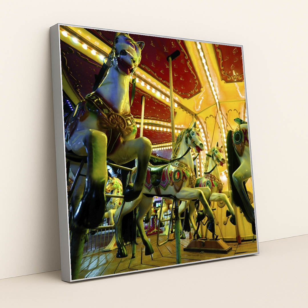 Nostalgic Carousel Horses at Night by Engin Akyurt - Silver Frame Stretchiez