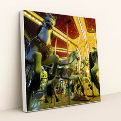 Nostalgic Carousel Horses at Night by Engin Akyurt - White Frame Stretchiez