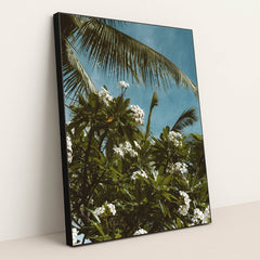 Tropical Plumeria and Palm View by Jess Loiterton - Black Frame Stretchiez