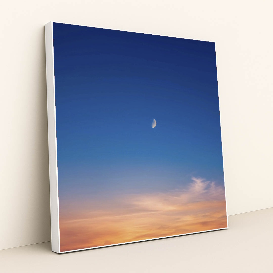 Twilight Sky with Crescent Moon by Ayush Mann - White Frame Stretchiez