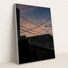 Silhouetted Streetlamp at Sunset by Connor McManus - Silver Frame Stretchiez