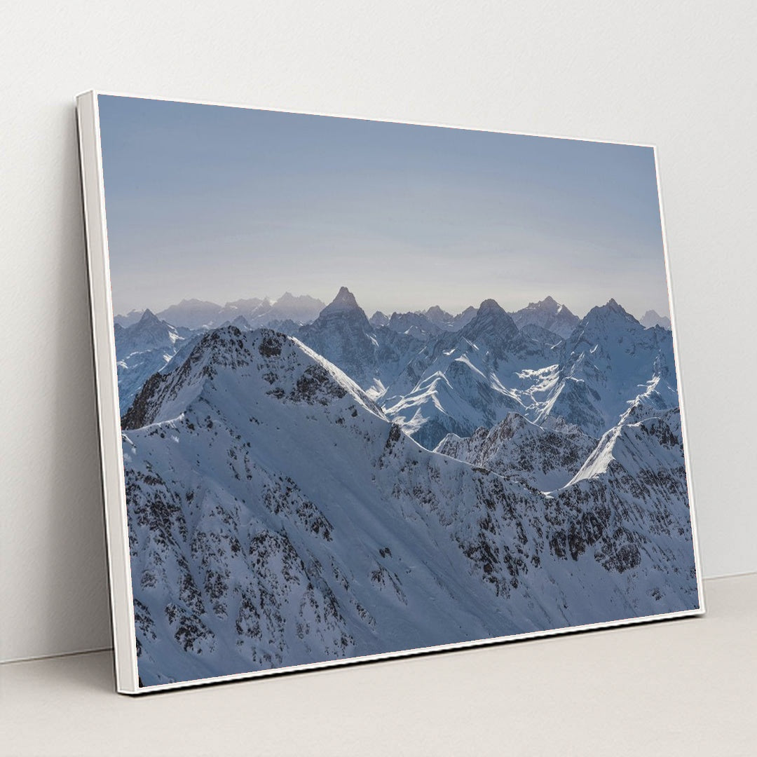 Snow-Covered Mountain Panorama by Susanne Jutzeler, suju-foto - White Frame Stretchiez