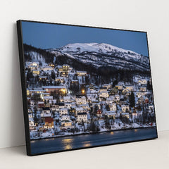 Twilight in a Snowy Norwegian Village by Anonymous - Black Frame Stretchiez