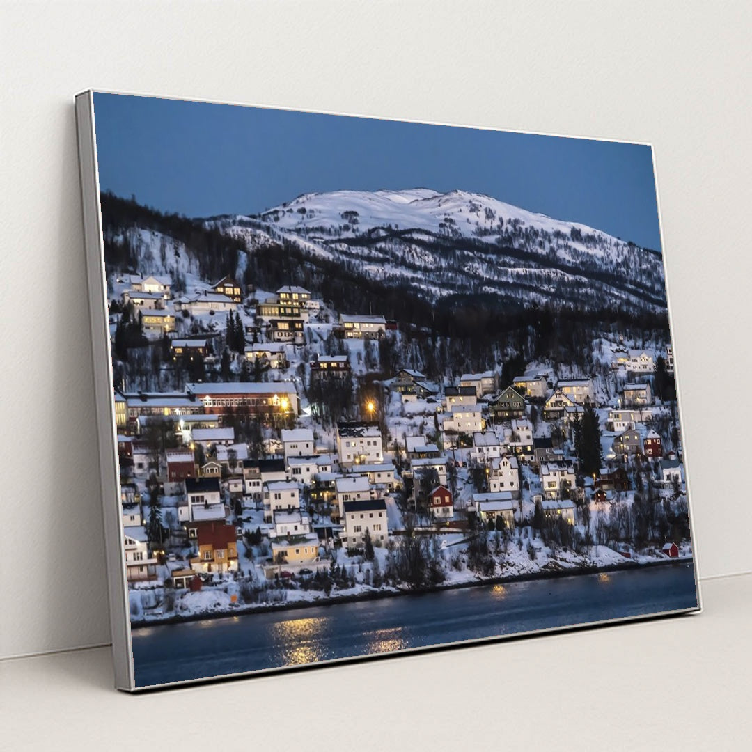 Twilight in a Snowy Norwegian Village by Anonymous - Silver Frame Stretchiez