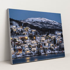 Twilight in a Snowy Norwegian Village by Anonymous - Silver Frame Stretchiez