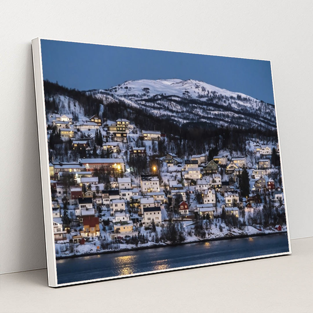 Twilight in a Snowy Norwegian Village by Anonymous - White Frame Stretchiez
