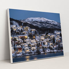 Twilight in a Snowy Norwegian Village by Anonymous - White Frame Stretchiez