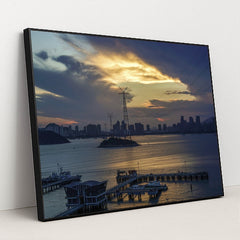 Sunset Over City Skyline by Thomas Lin - Black Frame Stretchiez