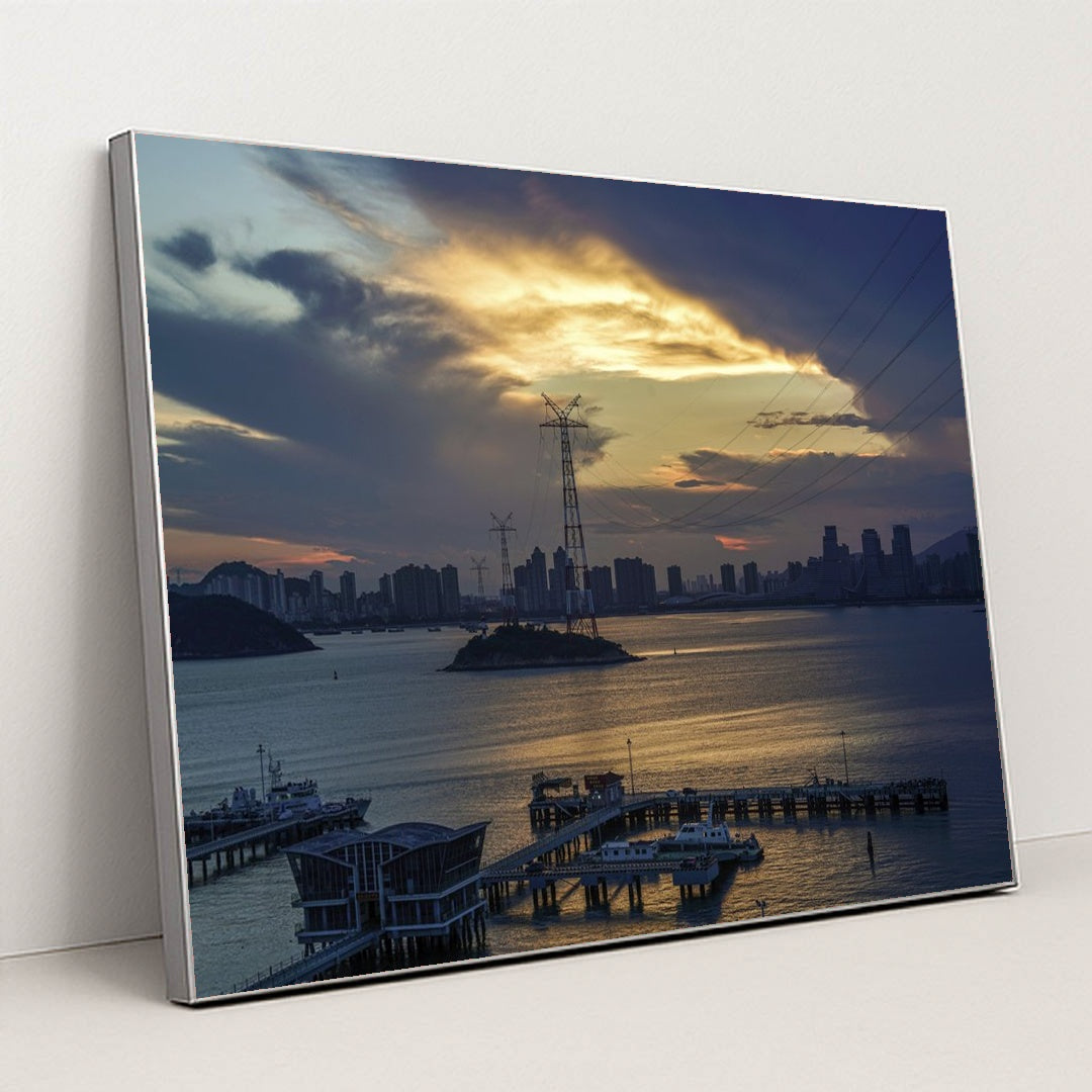 Sunset Over City Skyline by Thomas Lin - Silver Frame Stretchiez