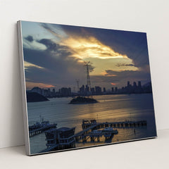 Sunset Over City Skyline by Thomas Lin - Silver Frame Stretchiez