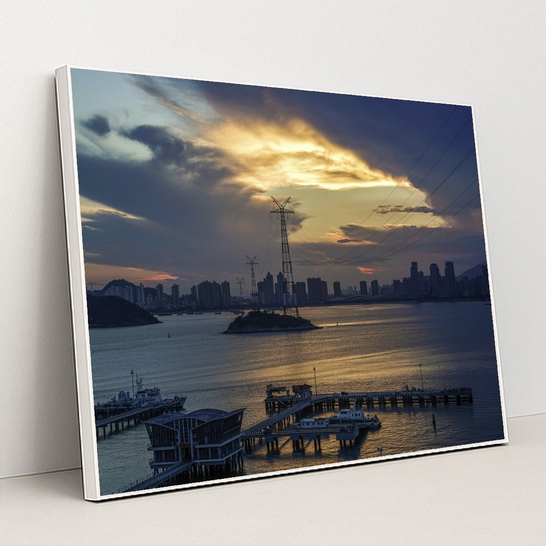 Sunset Over City Skyline by Thomas Lin - White Frame Stretchiez