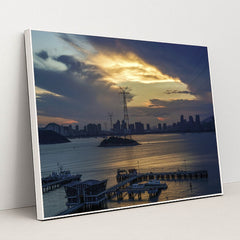 Sunset Over City Skyline by Thomas Lin - White Frame Stretchiez