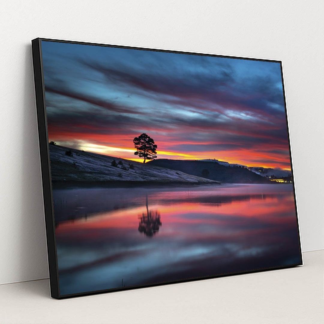 Vibrant Sunset Over Tranquil Lake by Quang Nguyen Vinh - Black Frame Stretchiez