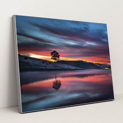 Vibrant Sunset Over Tranquil Lake by Quang Nguyen Vinh - Silver Frame Stretchiez