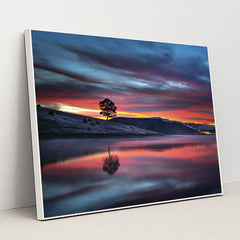 Vibrant Sunset Over Tranquil Lake by Quang Nguyen Vinh - White Frame Stretchiez