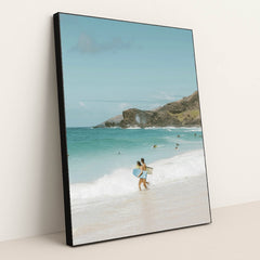Surfers at Scenic Beach by Jess Loiterton - Black Frame Stretchiez
