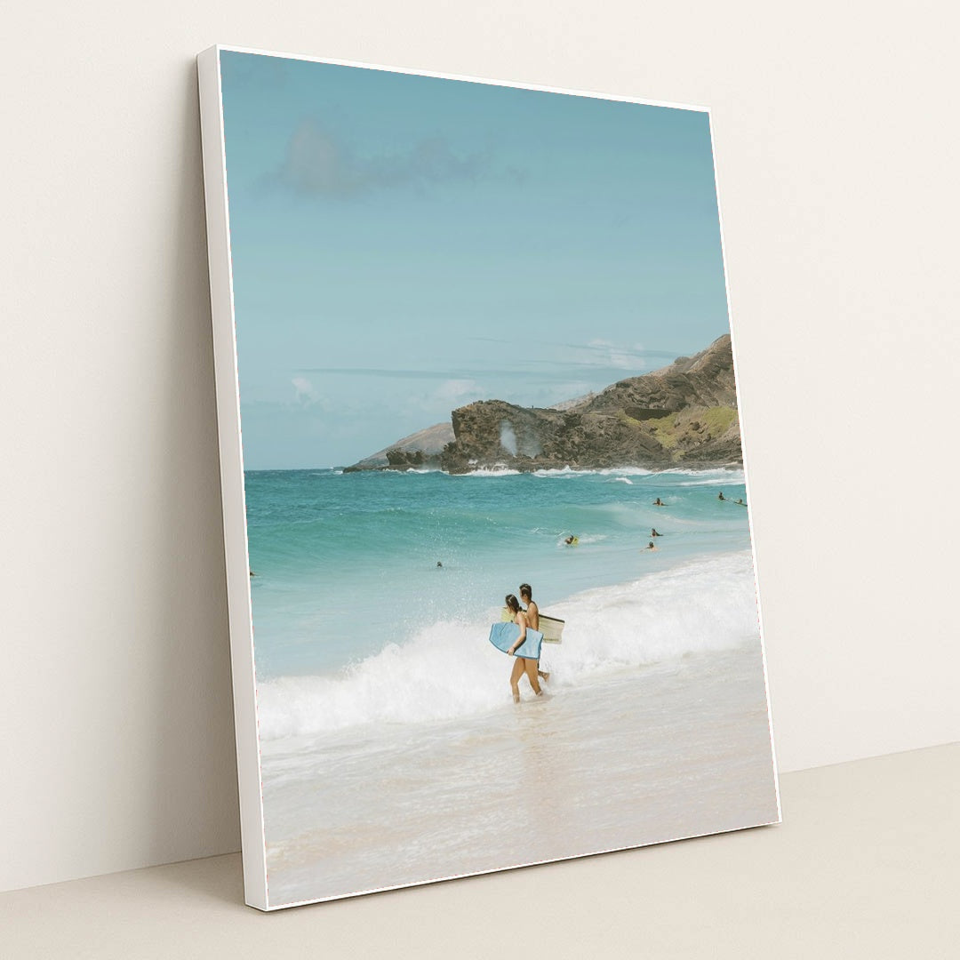 Surfers at Scenic Beach by Jess Loiterton - White Frame Stretchiez
