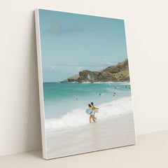Surfers at Scenic Beach by Jess Loiterton - White Frame Stretchiez