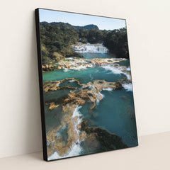 Turquoise Waterfalls Aerial View by Mikhail Nilov - Black Frame Stretchiez