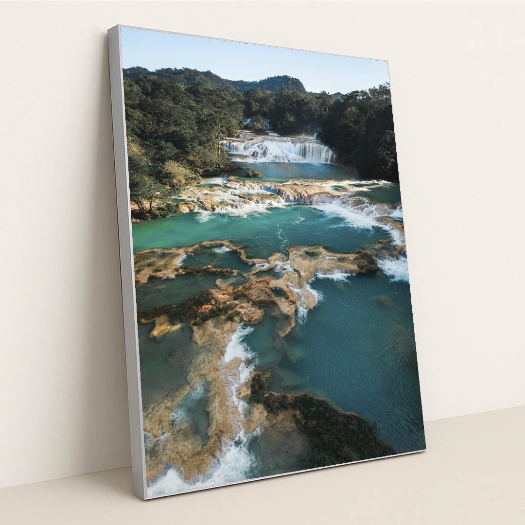 Turquoise Waterfalls Aerial View by Mikhail Nilov - Silver Frame Stretchiez