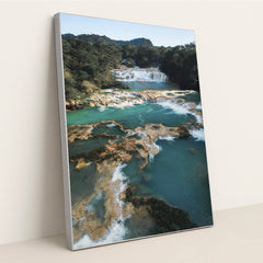 Turquoise Waterfalls Aerial View by Mikhail Nilov - Silver Frame Stretchiez
